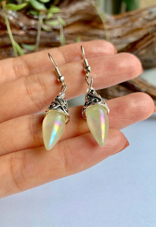 Pair of color crystal opal teardrop earrings with silver-tone filigree caps