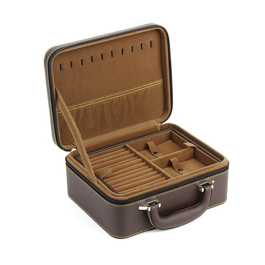 edenista leather travel jewelry box, double-layer design, brown exterior with tan interior and organized compartments.