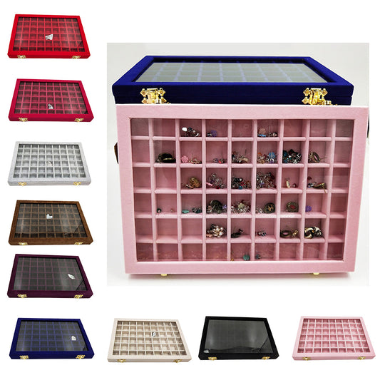 edenista Flannel large jewelry and nail art display box with glass lid, pink velvet grid interior