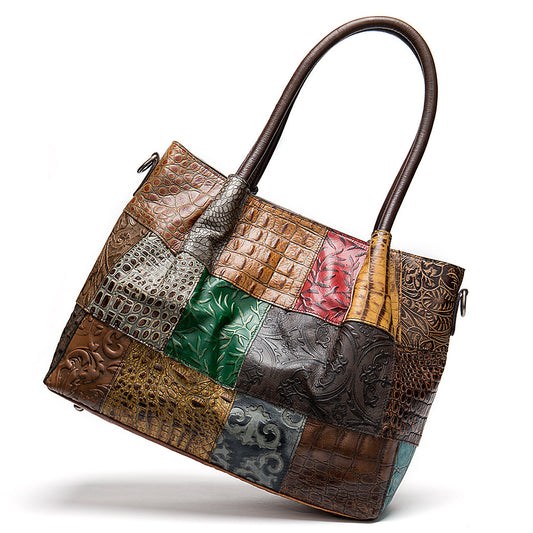 Multicolored patchwork handbag with embossed patterns by edenista