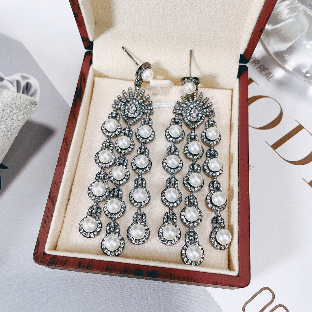 Micro Inlay Zircon Style Beaded Fringe Earrings, CJ brand, silver-tone with pearl beads, pair