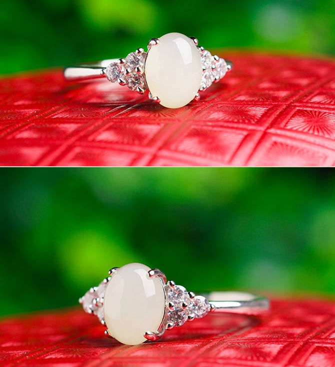 Adjustable moonstone jade ring by CJ in 925 silver with side stones