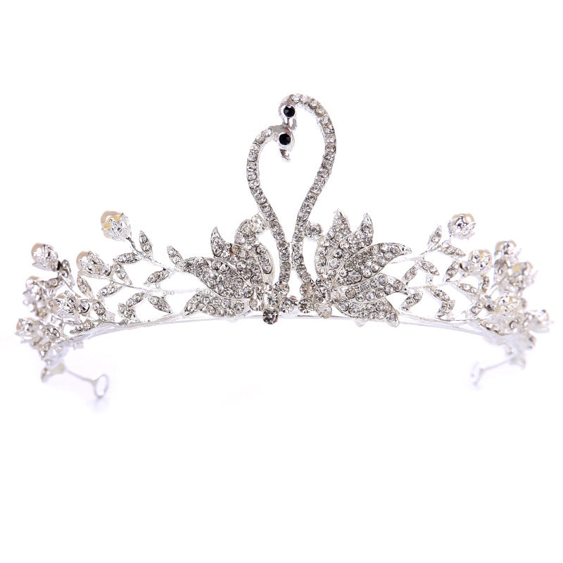 Pearl rhinestone tiara crown, ornate silver alloy bridal accessory with leaf motifs