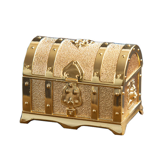 All Metal Princess Jewelry Box in gold with riveted bands and a central clasp