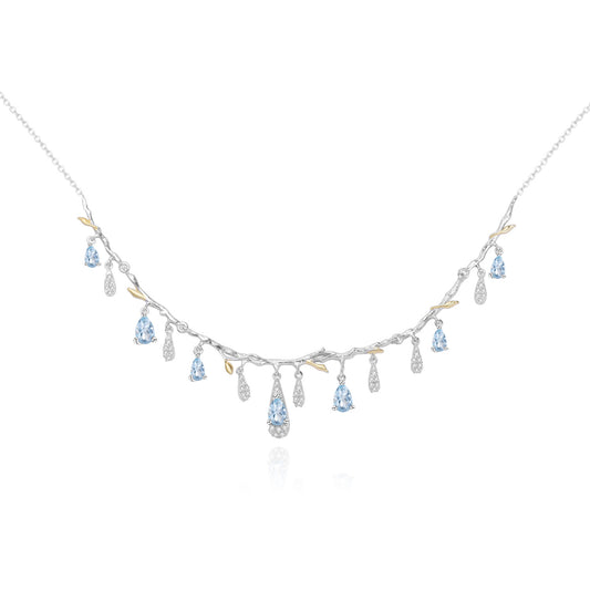S925 Silver Natural Topaz Necklace with blue teardrop gems and leaf charms.