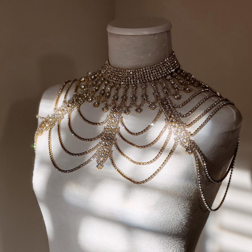 Rhinestone multi-layer shoulder chain necklace by CJ; gold-tone with clear stones for formal dresses.