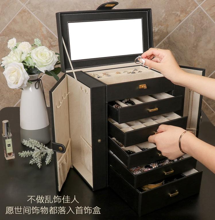 edenista multifunctional jewelry box, black leather with multiple drawers and a mirrored lid