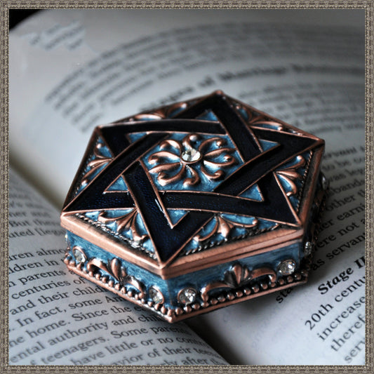 Vintage princess jewelry box by edenista; copper-tone metal with blue enamel and ornate floral accents