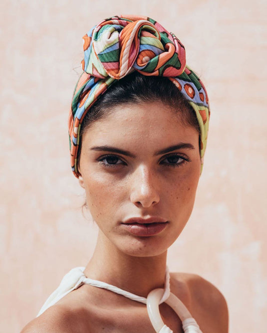 Hairband silk scarf by cj, multicolor printed head wrap worn as a turban.