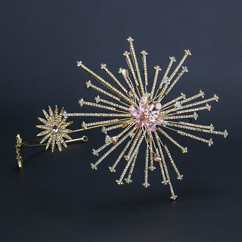Bridal rhinestone headband and matching starburst hairpin set by CJ, pink centerpiece gem