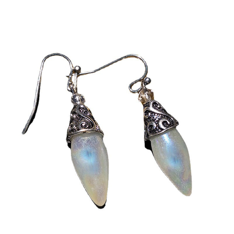 Color Crystal Diamond Earrings: pair of iridescent opal-like drops with ornate silver filigree caps.