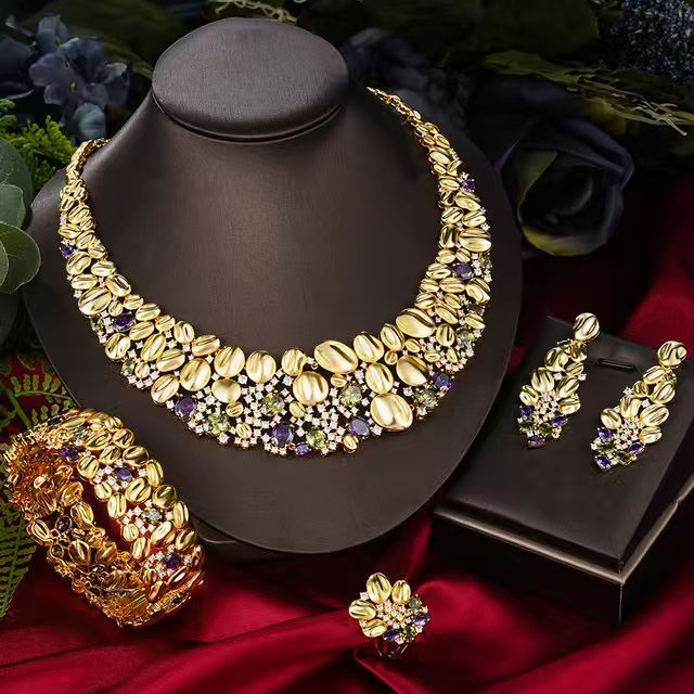 Exaggerated Necklace And Earring Wedding Set, 4-piece gold-tone with purple and clear stones