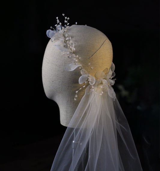 Bridal wreath veil with crystal pearl floral headpiece on white tulle