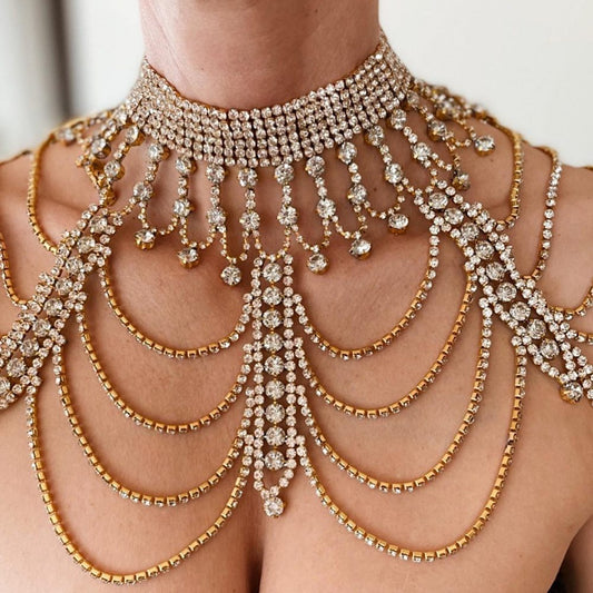 Shoulder chain necklace with rhinestones; gold-tone, multi-layer draped strands for formal wear.