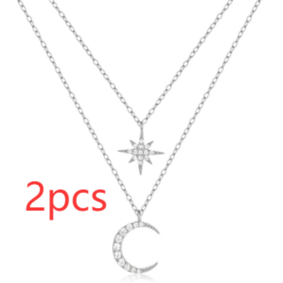 Women's S925 Sterling Silver Double Layer Twin Diamond Star And Moon Necklace by edenista