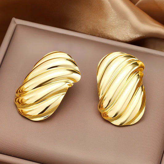 Trendy Gold-Plated Stainless Steel Ripple Wave Stud Earrings for Women by edenista