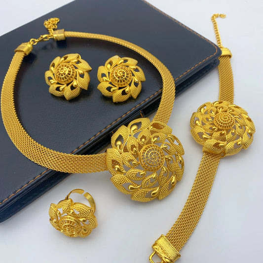 Arabic Gold Color Jewelry Set For Women Indian African Dubai Flower Necklace Earring Nigerian 24K Gold Plated Jewellery Gifts