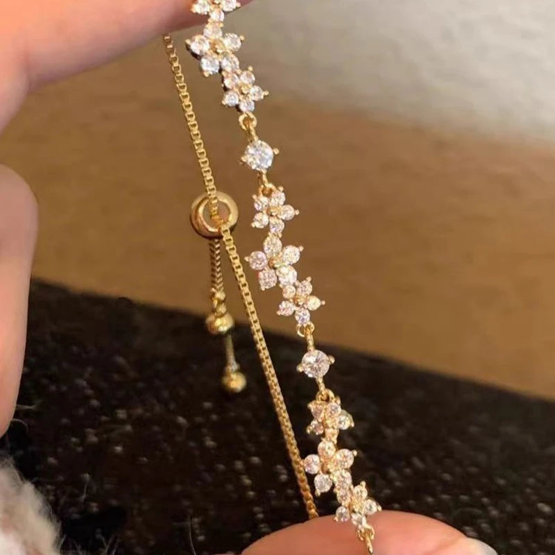 Shiny Crystal Zircon Flower Beaded Pull-Out Bracelet for Women Luxury Rhinestone by edenista
