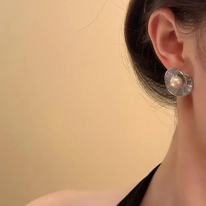 Blue Crystal Flower Stud Earrings for Women – Silver Plated