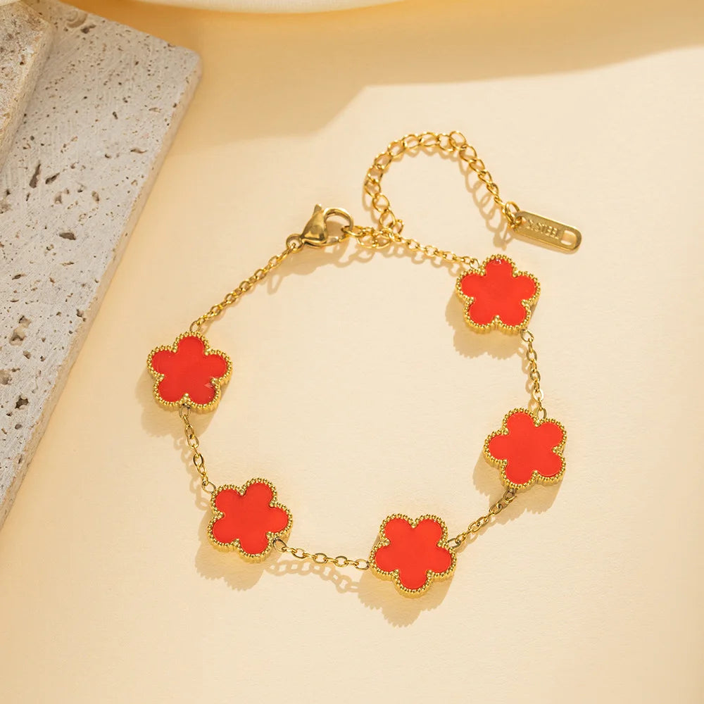 Adjustable Five Leaf Clover Flower Stainless Steel Bracelet