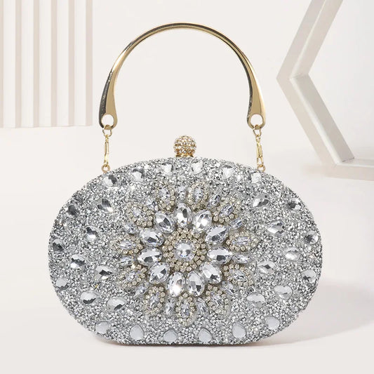 Evening clutch bag by Edenista with crystal silver rhinestones and gold-tone handle