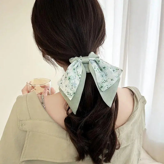 Floral Bow Large Scrunchie Hair Tie – Elastic Rubber Band for Women