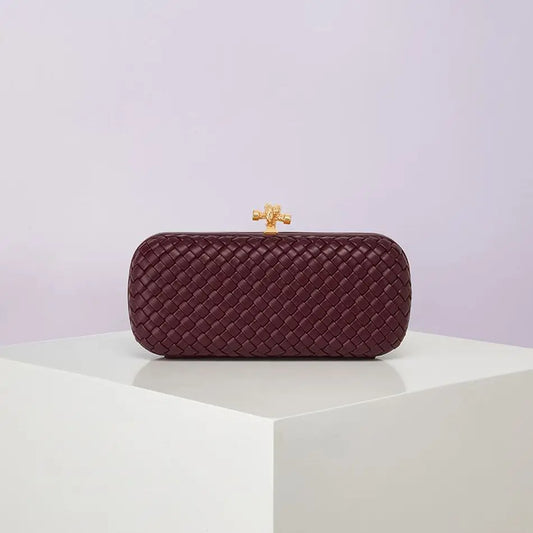 Crossbody bag, burgundy woven PU with gold-tone clasp, compact boxy design