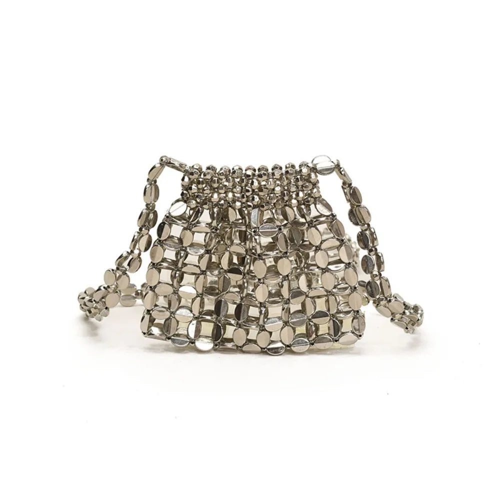Silver sequin evening bag with metallic disc lattice and chain shoulder strap