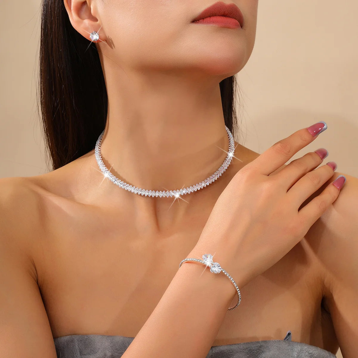 Luxury Heart Crystal Tennis Jewelry Set for Women, Sparkling Choker Necklace Open Bracelet Earrings, Party Gift by edenista