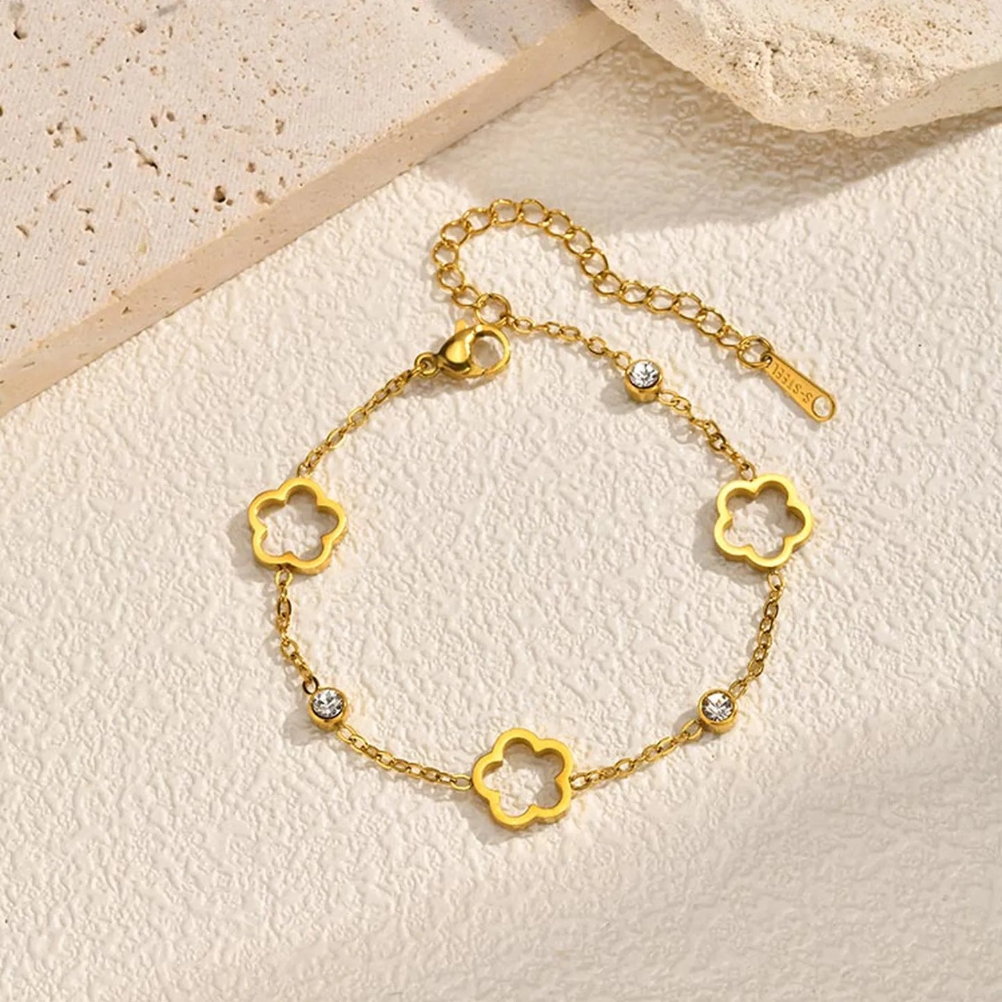 Hollow Five-Petal Flower Zircon Bracelet for Women – Gold