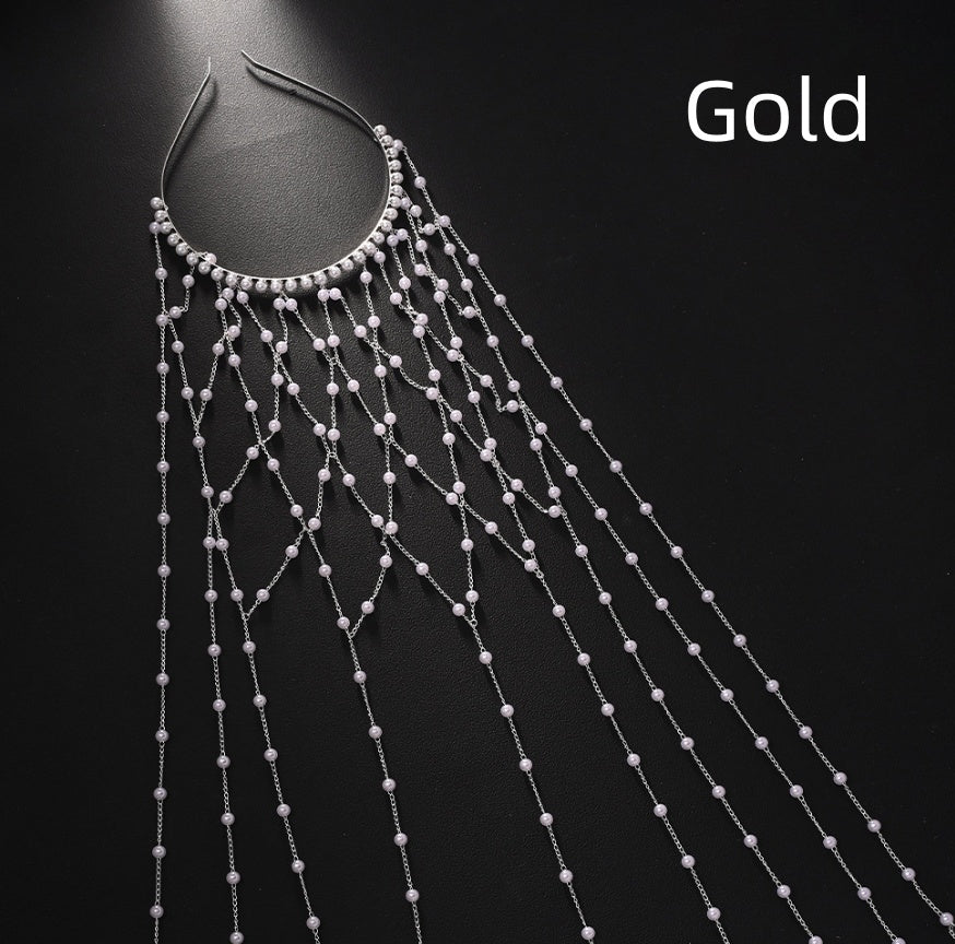 Gold pearl hairband with cascading bead strands for formal dresses