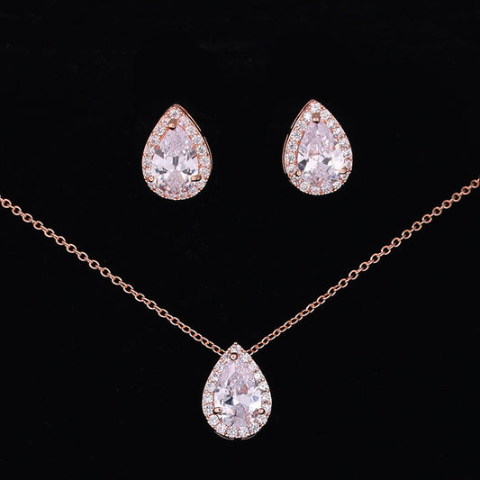 Water Drop Gemstone Necklace Earrings Jewelry Set by cj, rose-gold tone with clear teardrop crystals