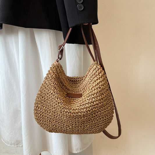 Niche Design Vacation Straw Tote Bag, natural woven straw with brown leather handles