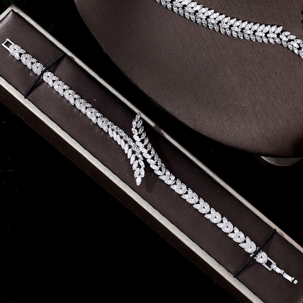 3A Zircon crystal necklace and bracelet 4-piece set in silver-tone with leaf pavé design