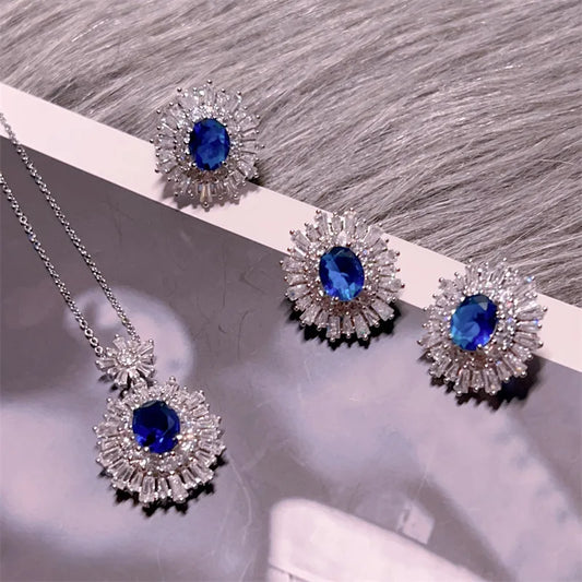 Blue zircon 925 silver jewellery set UK - necklace earrings ring complete matching set