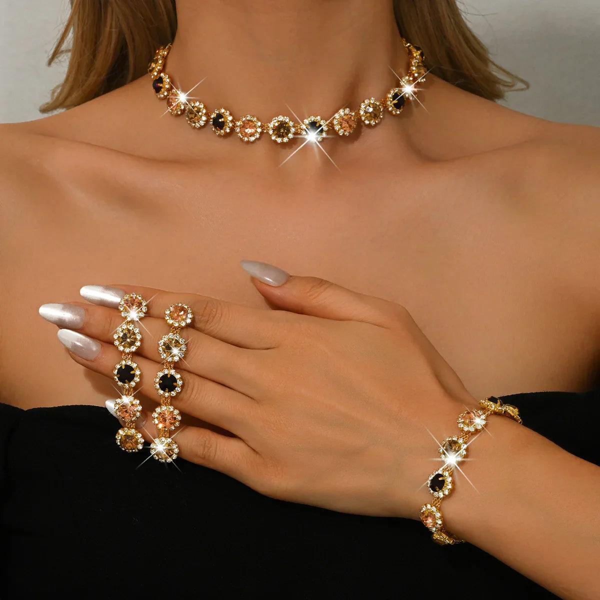 a glamorous jewelry set with a coordinated, vintage-inspired aesthetic.