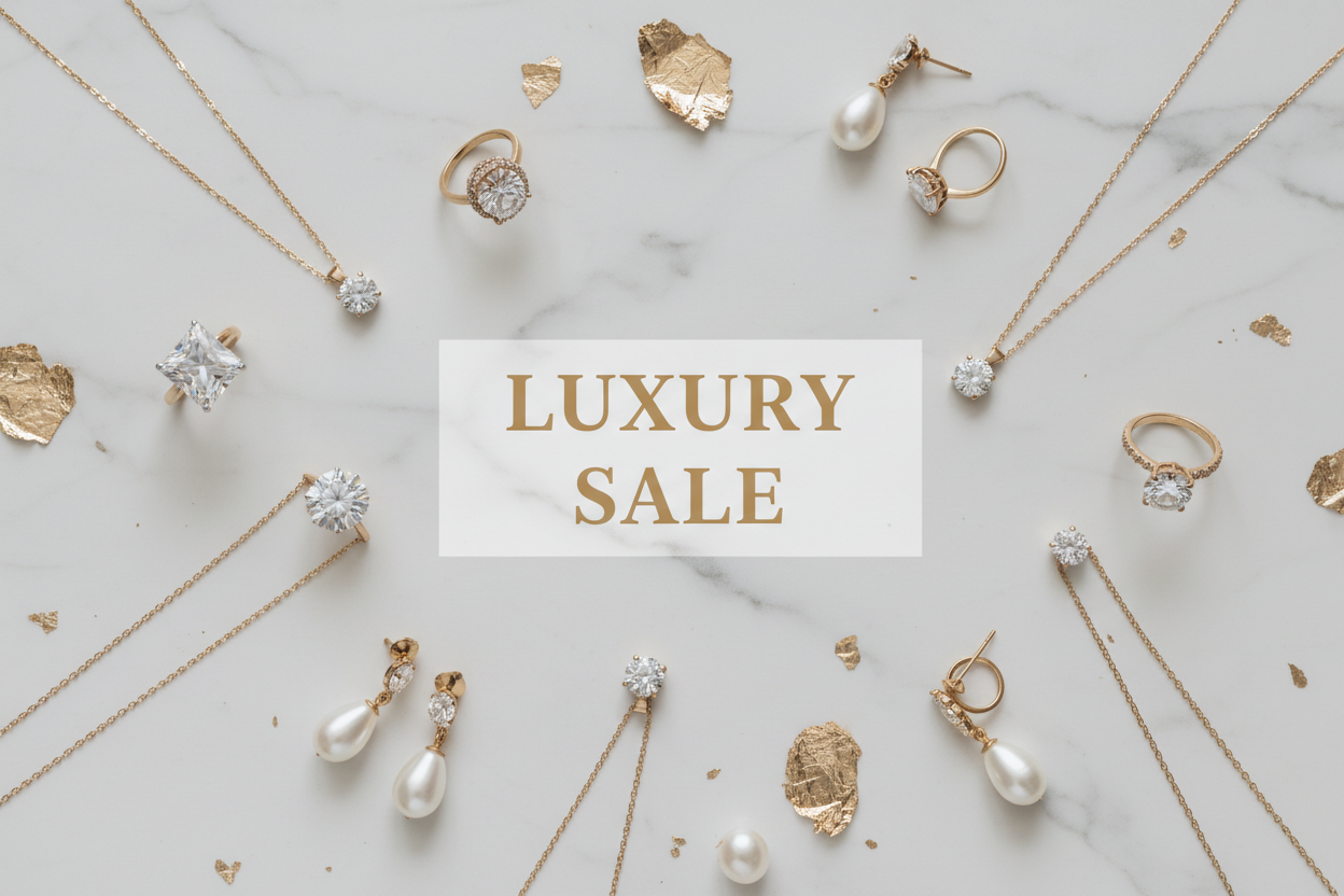 Luxury sale banner featuring elegant gold jewelry, diamond rings, pearl earrings, and necklaces