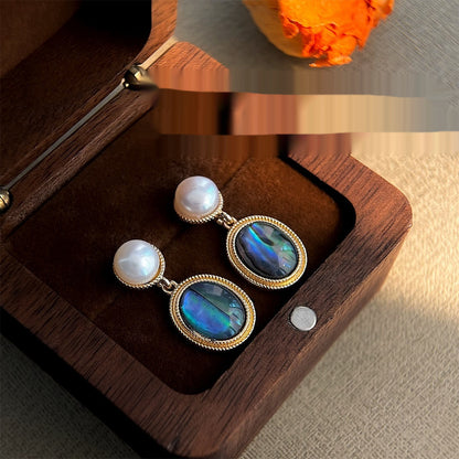 French-style vintage freshwater pearl and abalone shell drop earrings with blue iridescent stones in gold-tone settings