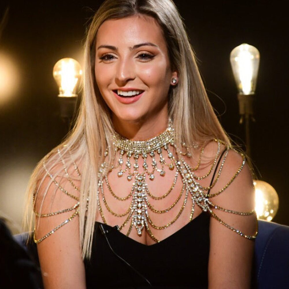 Shoulder chain necklace with gold-tone rhinestones and layered drapes for formal wear