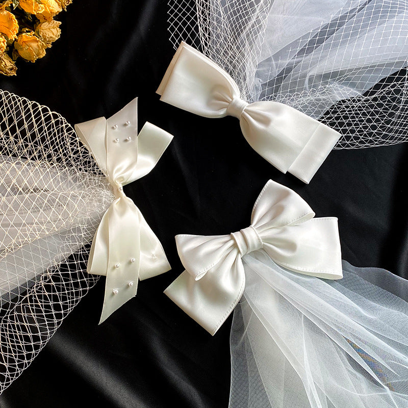 3 white satin bow veils with tulle netting, bridal wedding accessory set