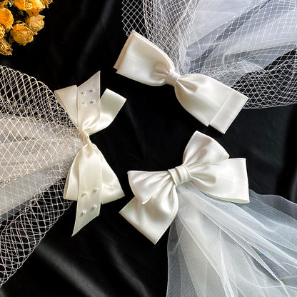 3 white satin bow veils with tulle netting, bridal wedding accessory set