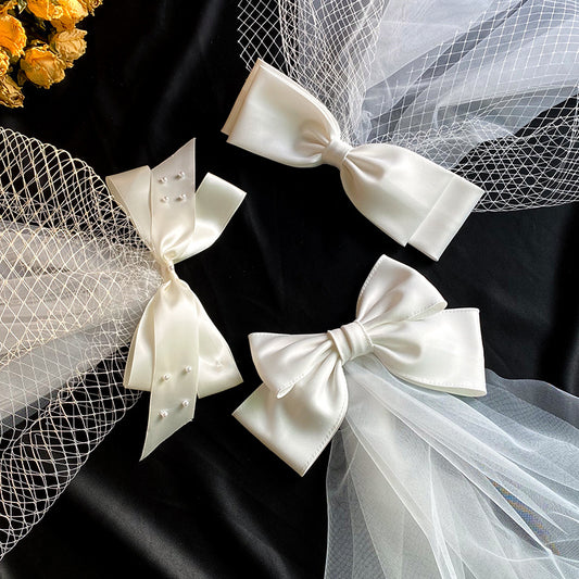 3 white satin bow veils with tulle netting, bridal wedding accessory set