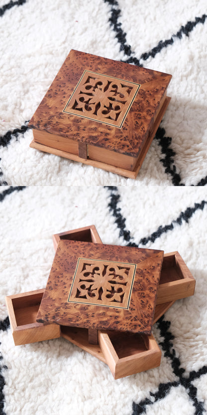 edenista Moroccan handmade rotating wooden jewelry box with burl veneer and carved geometric lid
