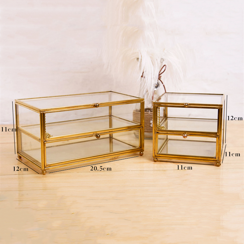 Jewelry storage display boxes by edenista, gold-tone glass frames; two-piece set in large and small sizes