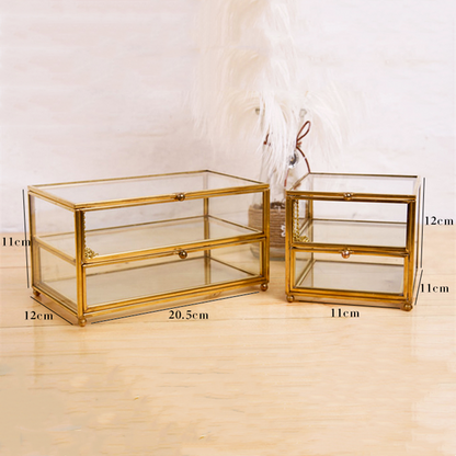 Jewelry storage display boxes by edenista, gold-tone glass frames; two-piece set in large and small sizes