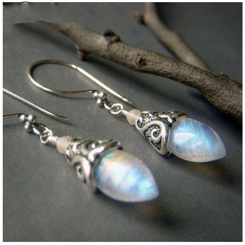 Color Crystal Diamond Earrings, blue opalescent teardrop stones in ornate silver filigree pair
