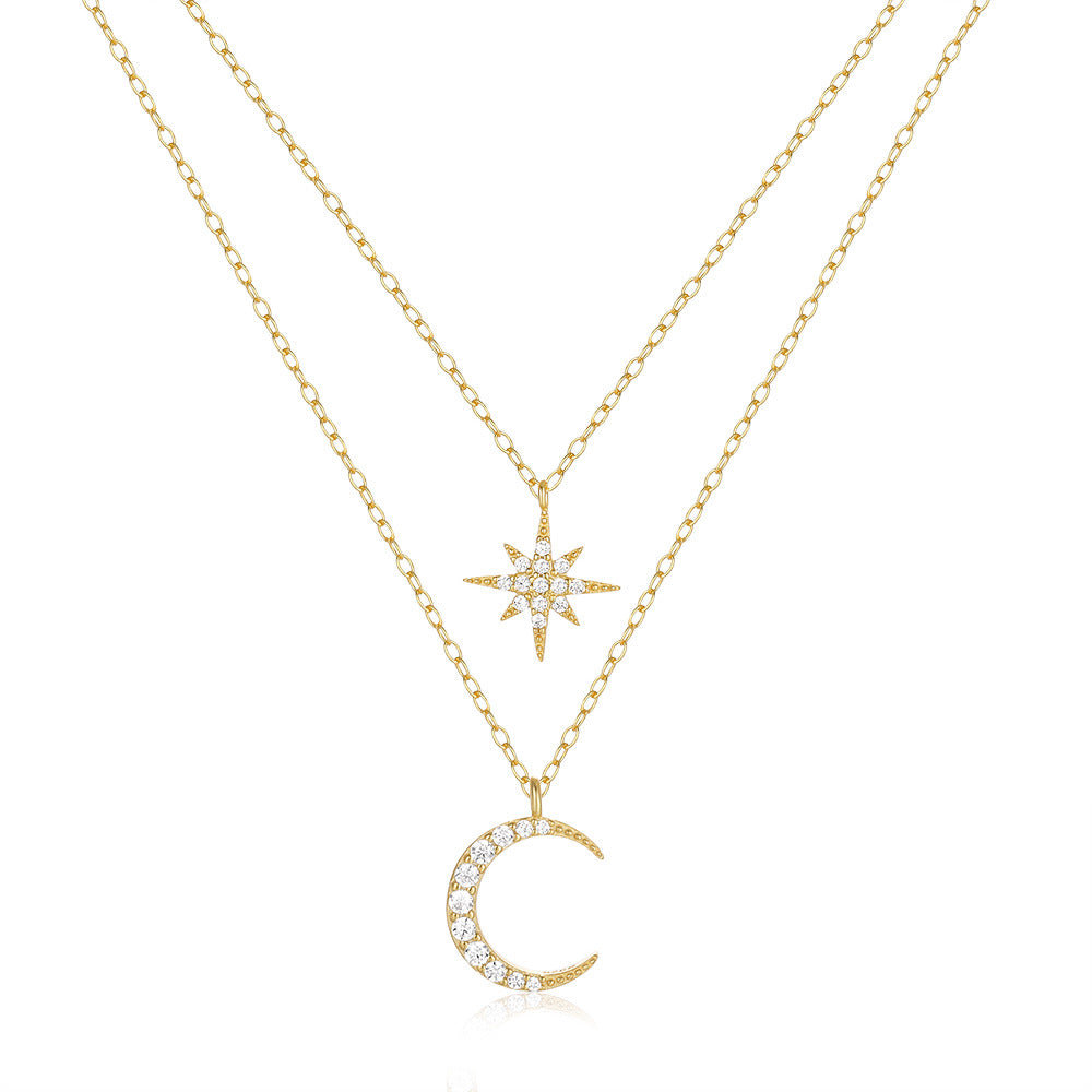 Women's S925 Sterling Silver Double Layer Twin Diamond Star And Moon Necklace by edenista