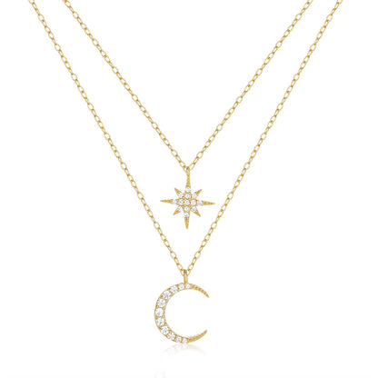 Women's S925 Sterling Silver Double Layer Twin Diamond Star And Moon Necklace by edenista