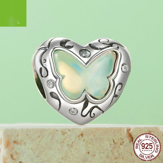 CJ 925 silver butterfly heart bead charm with opal center