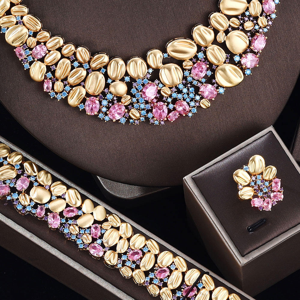 Exaggerated Necklace and Earring Wedding Set; gold-tone with pink and blue stones